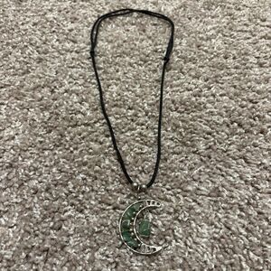 Wire-Wrapped Green Aventurine Crescent Moon Pendant Necklace